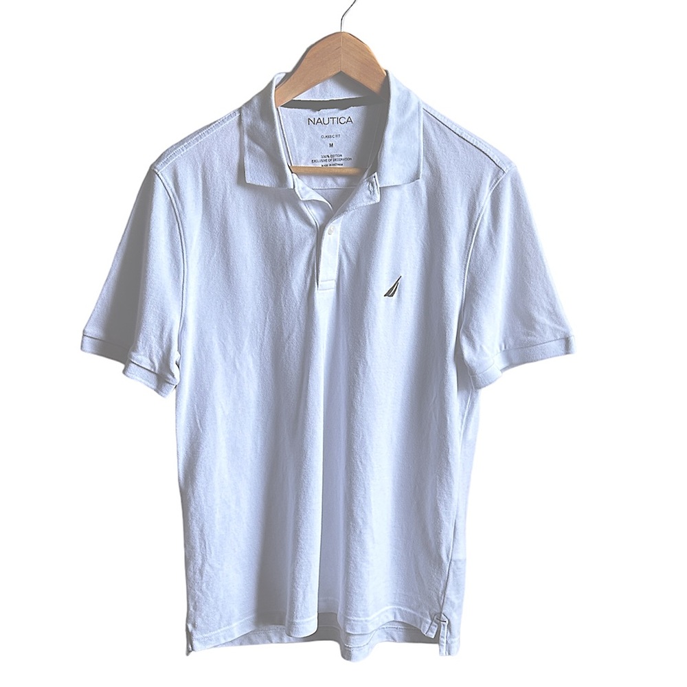 Nautica Polo Short Sleeve White Shirt Black Logo Preppy Men’s Medium
